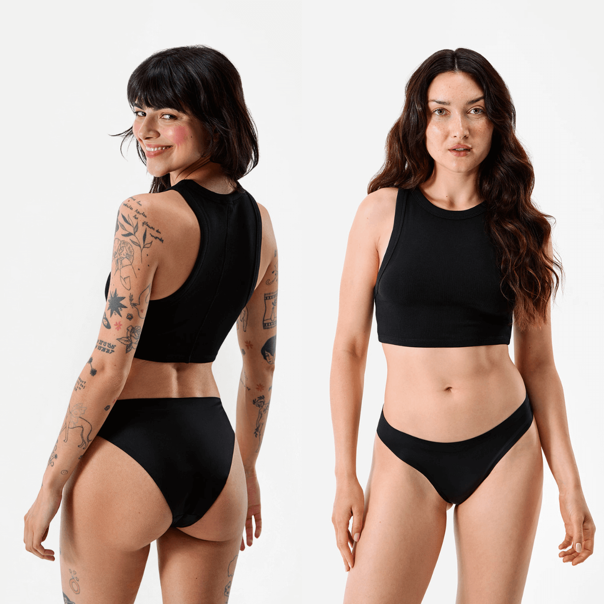 Deux femmes portent la culotte menstruelle DuoFlux noire, vues de face et de dos, mettant en valeur la coupe, la discrétion et le maintien.