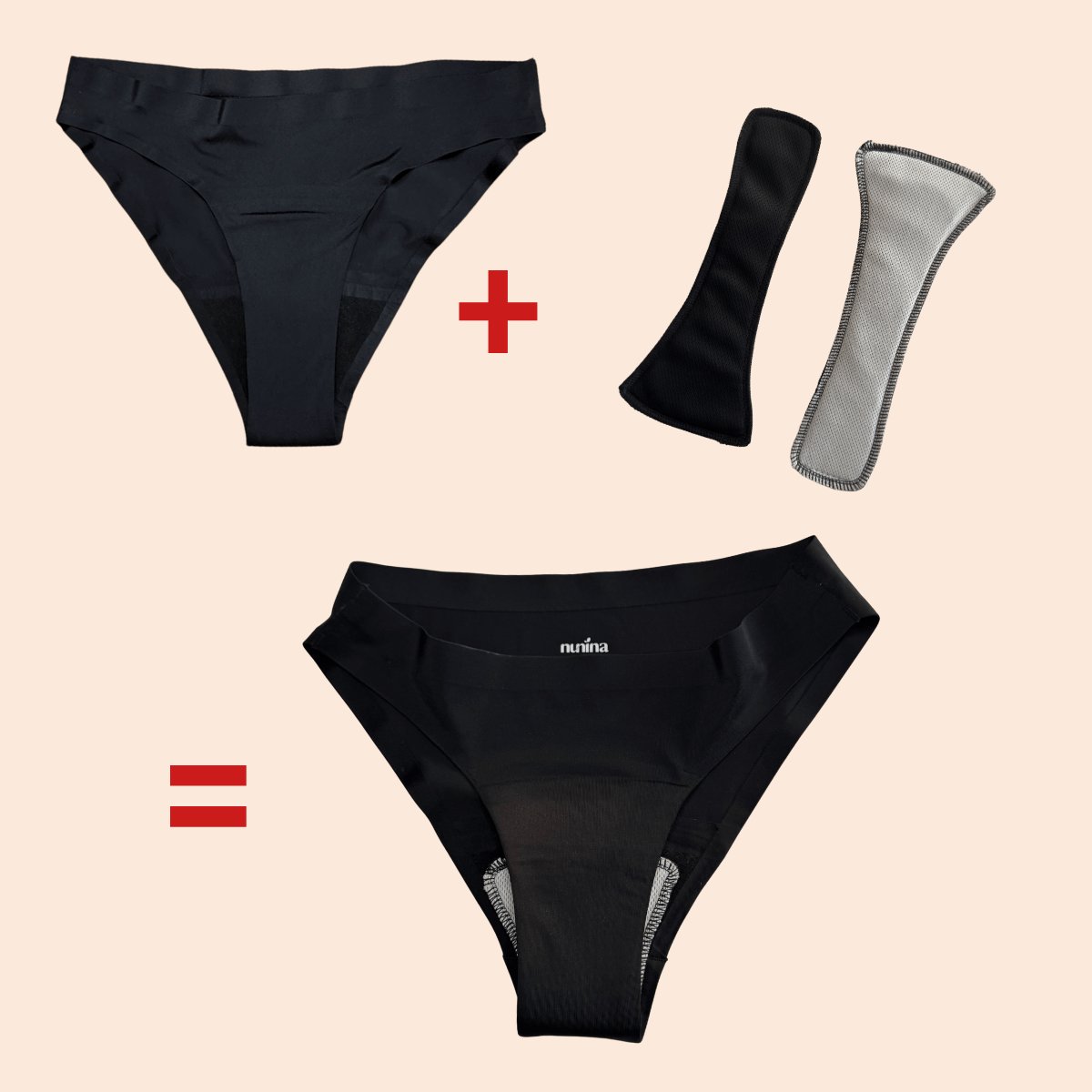 Ensemble DuoFlux composé d’une culotte menstruelle et de deux serviettes interchangeables, avec vue de la culotte contenant une serviette blanche à l’intérieur.